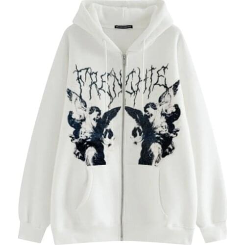 New Winter White Jacket Coat Print Angel Fairy Womens Hoodies Hip-hop Streetwear Harajuku Anime Women Coat Zipper Women Clothes