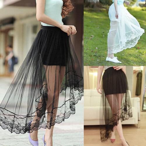 NEW Arrivals Women Sexy A-Line Flared Solid Skirt Casual High Waist Party Mesh Lace 2 Layers Skirts