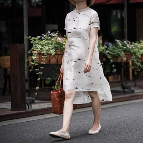New Chinese style improved cheongsam silk hemp Printed Dress 0403