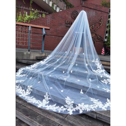 Real Photo One Layer Wedding Veil With Comb White Lace Edge Bridal Veils Ivory Appliqued Cathedral Wedding Veil M2020