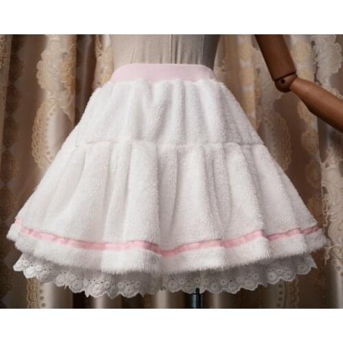 Super Cute Girls Lolita Plush Fleece Fabric Soft Fluffy Mini Skirt Lace Trim Milk White Warm Winter Skirt