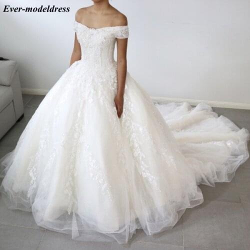 Off Shoulder Luxury Wedding Dresses Ball Gown Lace Appliques Beaded Sequins Court Train Zipper Back Bridal Gown Robe De Mariee