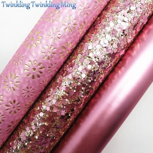 PINK Glitter Fabirc, Faux Leather Fabric, Flowers Synthetic Leather Fabric Sheets For Bow A4 21x29CM Twinkling Ming XM626
