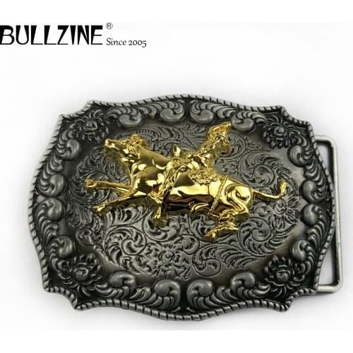The Bullzine western rodeo belt buckle with pewter & gold finish FP-03626 for 4cm width snap on belt