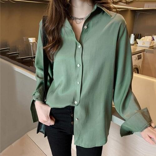 2021 chic loose shirt women casual cotton Solid blouse female Turn-down Collar Button up blouse Long Sleeve summer women top