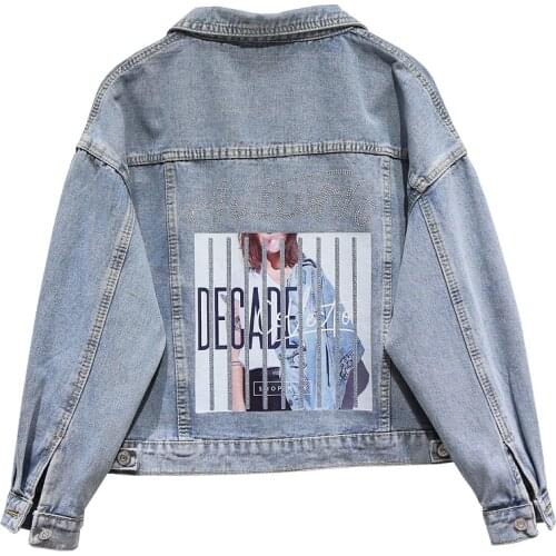 Womens Spring Autumn Long Sleeve Diamonds Print Slim Short Blue Denim Jacket Female Elastic High Waist Plus Size Outwear TB422