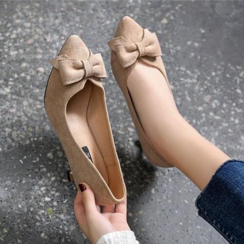 2020 spring new flock pumps shoes pointy toe shallow women single shoes large size thin heels slip on loafers OL bow-knot shoes