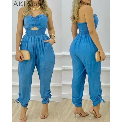 Women Solid Color Sleeveless Bandeau Romper Hollow Shirring Pocket Design Jumpsuit