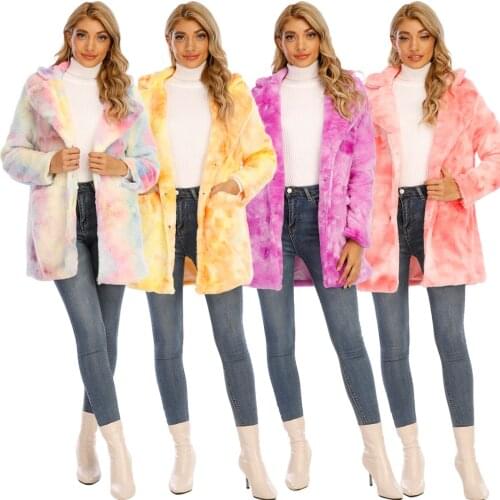 Women Elegant Tie-dye Printed Multicolor Loose Faux Fur Coat Thick Warm Jacket Coat Female Casual Outerwear Overcoat