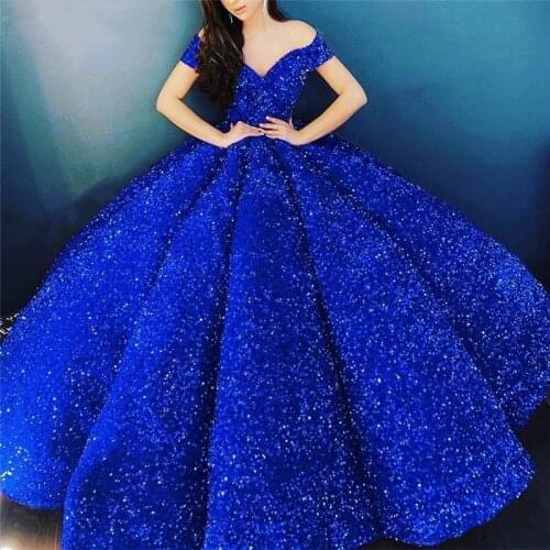 2021 Elegant Off Shoulder Sequin Royal Blue Quinceanera Dresses Princess Puffy Ball Gown Prom Dress For Sweet 15 16