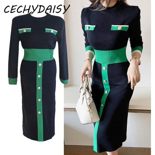 2021 Autumn Winter Clothes Knitted Sweater Dress Women O-Neck Long Sleeve Button Up Korean Fashion Za Bodycon Party Midi Dresses