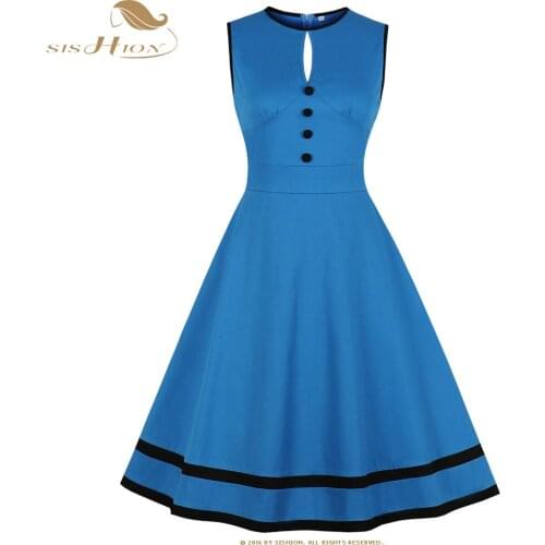 SISHION 2021 New Sleeveless Cotton A Line Summer Women Blue Vintage Dress VD2280
