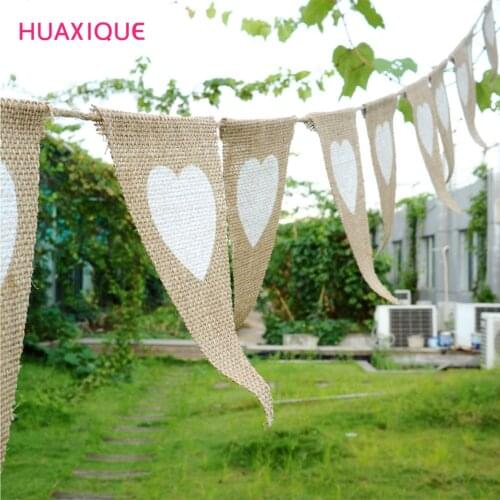 1 Set Love Heart Rustic Linen Jute Hessian Burlap Lace Party Pennant Bunting Flags Garland Wedding Decors
