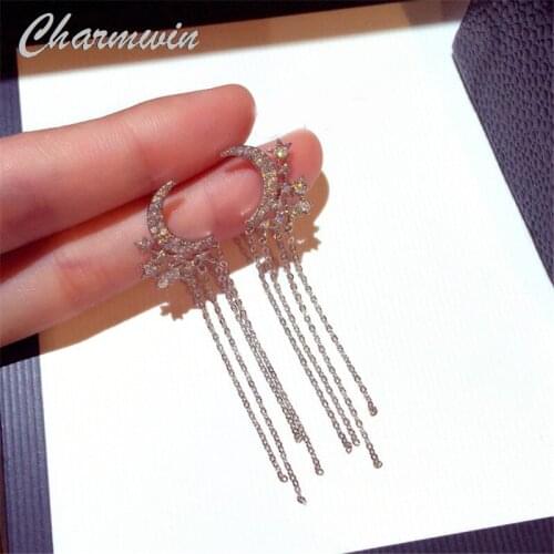 Charmwin New Korean Tassel Earrings Women Long Earrings Fashion Jewelry Rhinestone Stars Moon Dangle Earrings Gift
