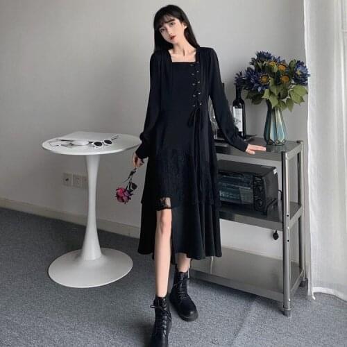Black Gothic Lady Plus Size Elegant Lace Irregular Long Dress Autumn Women Eyelet Lace-up Empire Dresses Party Vestidos
