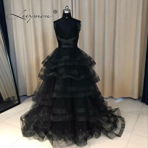 Leeymon Custom Made New Evening Dress Sexy Open Back Black Prom Dress Tiered Ball Gown Party Dress 2019 Vestido De Festa