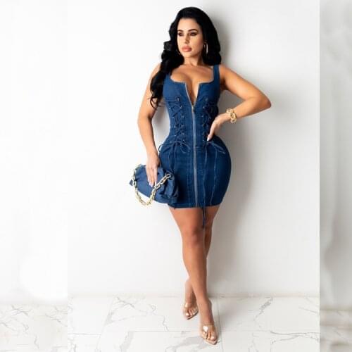 Summer Dress Women Robes Femme Slim Hips Denim Mini Dresses Eyelet Strap Zipper Sling Sleeveless Backless Pencil Dress For Woman