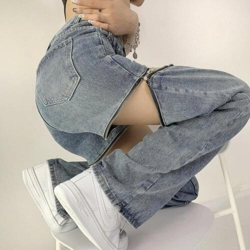 Hot Girl Plus Size Zipper Jeans Women 2021 New High Waist Slimming Straight Loose Design Long Pants Cargo Pants Women