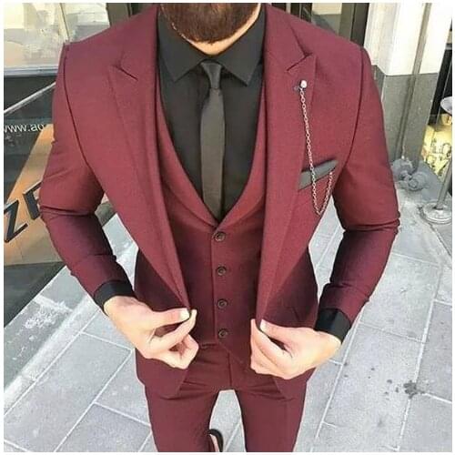 2021 Custom Made Burgundy Slim Fit Mens Wedding Suit Prom Suits 3 Pieces (Jacket+Pant+Vest) Groom Tuxedos Male Dress Clothing