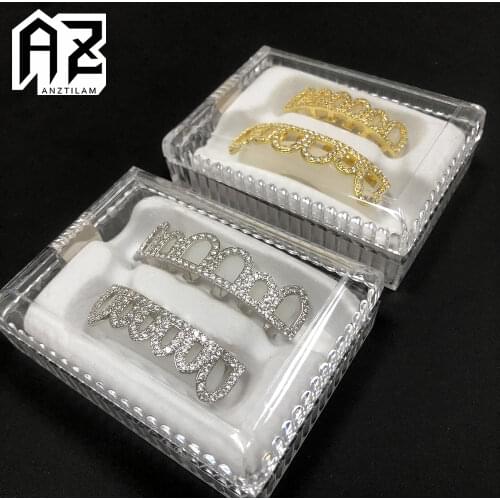 Hip Hop Gold Color Plated Hollow Out Star Grillz Top &Bottom Teeth Micro Paved CZ Stone Set For Halloween Gifts