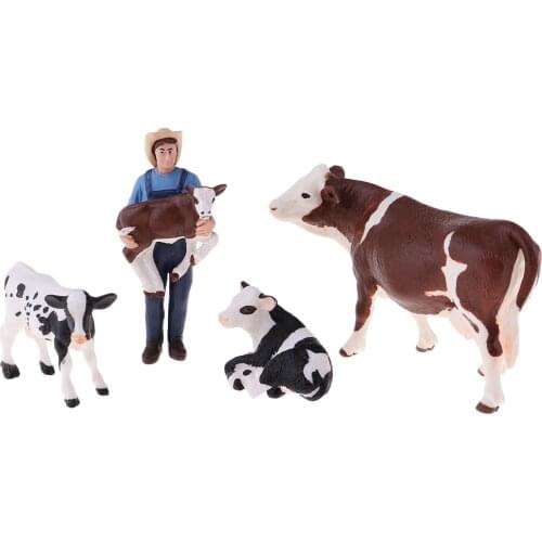 Mini Simulation Farm Animals Toys Set Educational Resource - Farmer & 4 Cows
