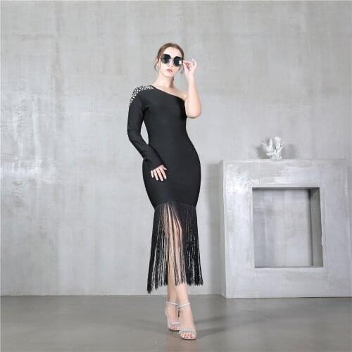 2021 New Arrival Women Dress Sexy One Shoulder Bandage Dress Party Club Elegant Tassel Bodycon Midi Dresses Ladies Clothing