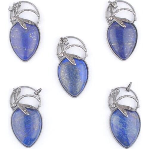Wholesale 5Pcs/Lot Retro Natural Stone Lapis Lazuli Water Drop Pendant Dragonfly Bronze Ancient Silvers Jewelry QN4038