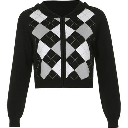 Autumn Women Knitted Sweater Vintage Geometric Rhombic Cardigan 2020 Casual Long Sleeve Hooded Elegant Outerwear Tops