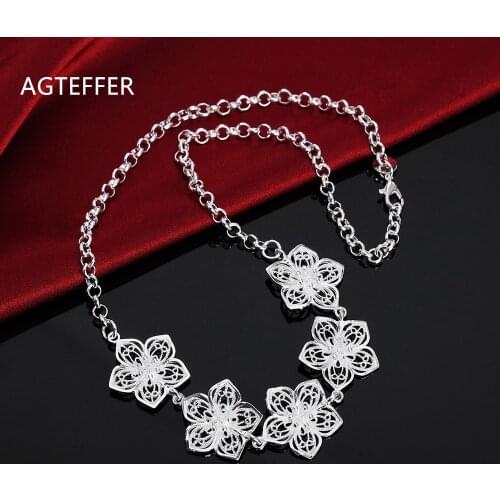 AGTEFFER 925 Sterling Silver 18 Inch Bauhinia Pendant Necklace For Women Fashion Wedding Party Charm Jewelry