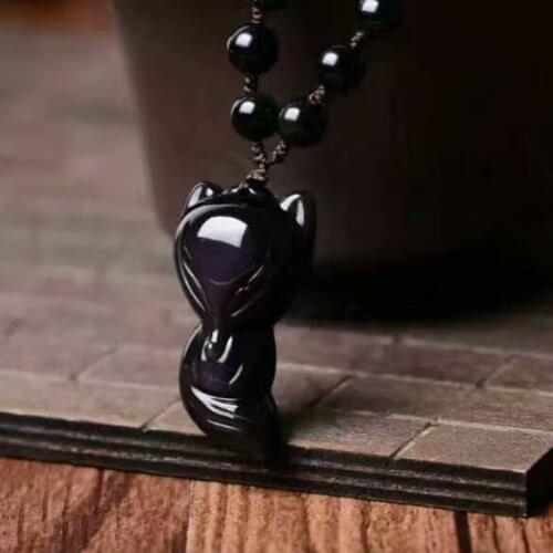 JoursNeige Rainbow Eyes Natural Obsidian Stone Necklace Fox pendant Lucky for Women Men Obsidian Sweater Chain Fashion Jewelry