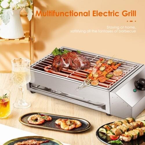 Portable Electric Grill Stainless Steel Smokeless BBQ Grill Countertop Barbecue Oven Indoor Outdoor Removeable Grate Oil Tray