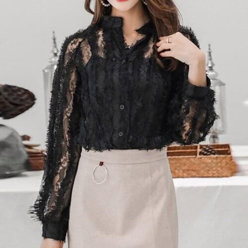 Sexy Women Spring Lace V Neck Long Lantern Sleeve Slim Blouse Black Tops + Camis Size XL