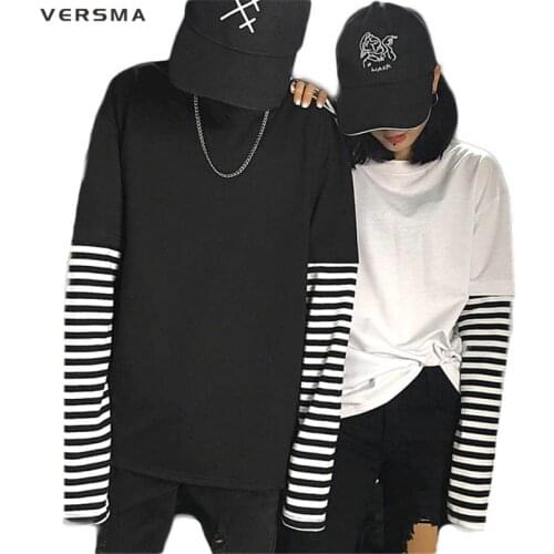 VERSMA Korean Harajuku Black White Striped Hip Hop T-shirts Men Women Autumn Fake Two Piece Extra Long Sleeve Loose T Shirt Male
