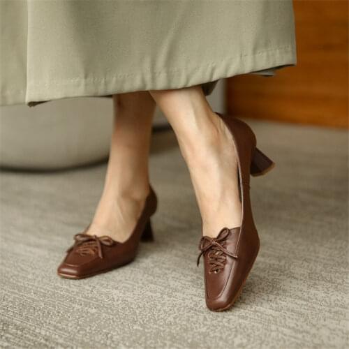 Spring 2021 New Women Shoes Cow Leather Square Toe Chunky Heel Med(5cm) Retro All-match Fashion Shallow Mouth Shoes Item No.G98