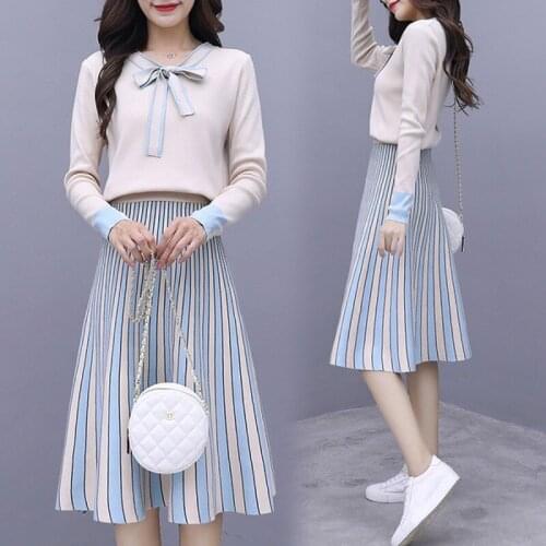 High quality Runway Autumn And Winter Hedging Women Bow neck Sweater + A-Line stripe hight waist Two Pieces knitting Skirt Sets