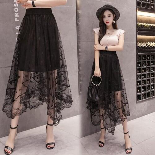 2021 Summer New Korean Casual Elastic High Waist Slim Simple Black Irregular Mesh Skirt Women A-line Long Skirt Free Shipping
