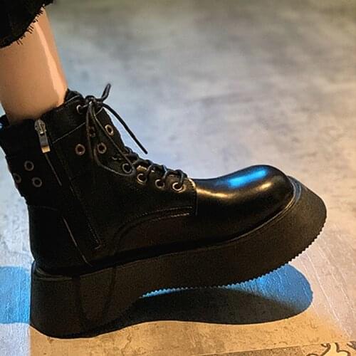Womens Ankle Boots Black Lace-On Platform PU Leather Waterproof Short Boot Female Vintage Autumn Winter Outdoor Women Footwear