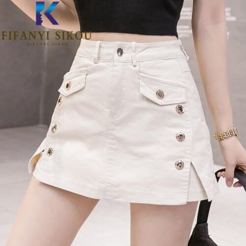 2021 Summer Women Denim Shorts Skirts Buttons Pocket Fashion High waist Jeans Shorts Female Loose Plus Size Wide leg Short Pants
