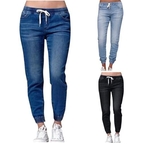 Women Jeans Solid Fashion Elastic Waist Jeans Straight Pencil Pants Denim Pants Women Trousers Causal Pants Women Clothing#f3