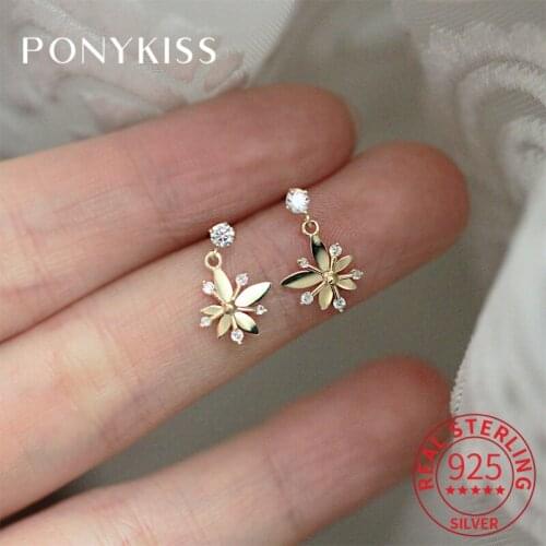 PONYKISS Real 925 Sterling Silver Flower Zircon 14K Gold Stud Earrings For Women Cute Fine Jewlry Elegant Gift Drop Shipping