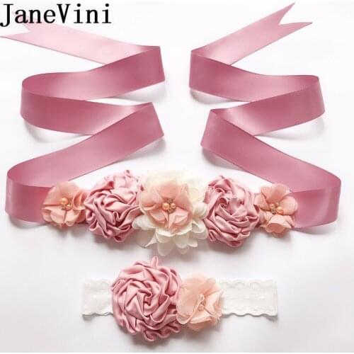 JaneVini Rhinestone Bridal Belt Headband Set Pearl Flowers Satin Women Bridesmaid Flower Girls Wedding Belts Sash Cinturon Rojo