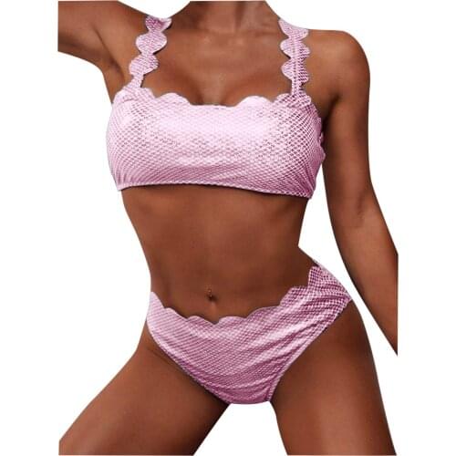 Women Fashion Solid Color Printing Lace Sling Bikini Set Two Pieces Split With Chest Pad Swimming Swimsuit bañador mujer