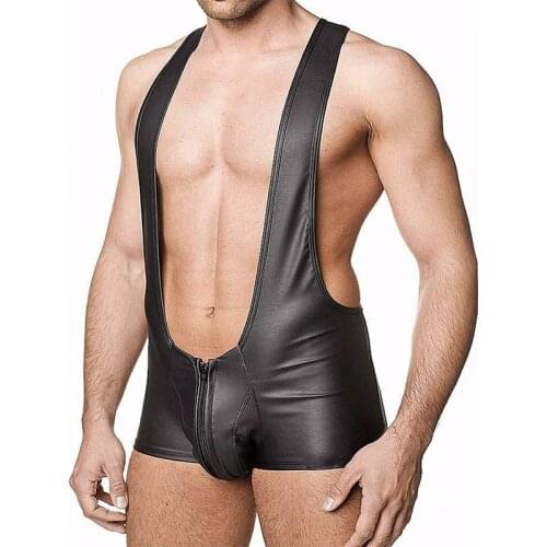 Plus Size 3XL Erotic Leather Wrestling Singlet Lingerie Sexy Plus Size Men Gay Underwear Bodysuit Catsuit Mens Latex Underwear