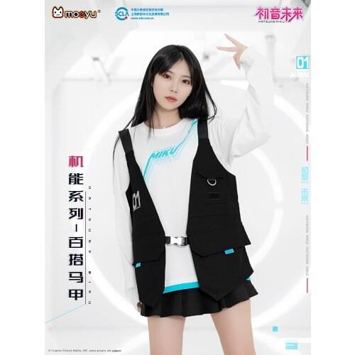Anime Vocaloid Black Vest Sleeveless Jacket Outdoor Coat Cosplay Miku Costum Fashion Patchwork Top Men Women Streetwear