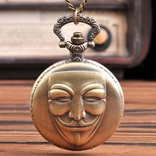 1188) 12pcs/lot vintage bronze smile face mask The clown mask design punk pocket watch necklace pendant Gift