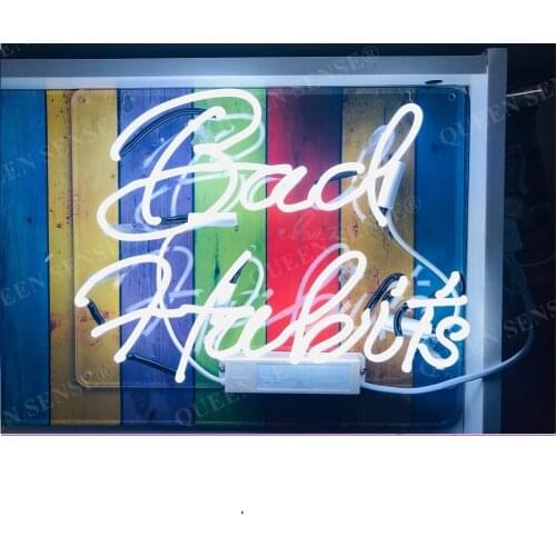 14"x10" Bad Habits White Acrylic Custom Neon Light Lamp Sign Beer Bar Handmade Real Glass Decorate Home Wall Room Decor Club B