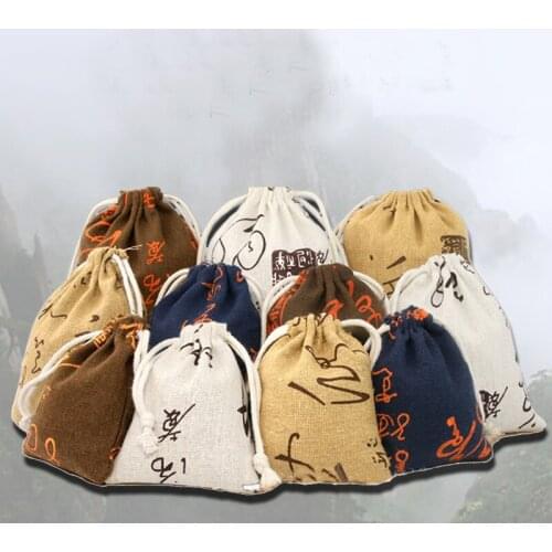 20pcs/lot 8x10cm New Chinese Style Small Cotton Linen Drawstring Bags Calligraphy Printing Pouches Gift Bags