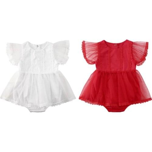2020 Princess Toddler Baby Girls Romper Dress Ruffles Short Sleeve Lace Solid Tutu Dress Jumpsuits 2 Colors
