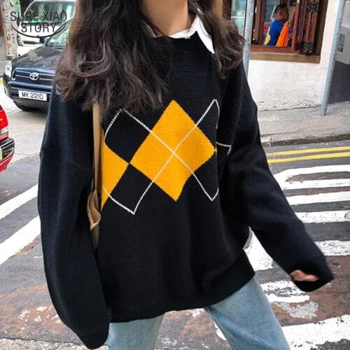 2021 Winter Long-sleeved Splice Thick Knit Sweaters Autumn Korean Argyle O-neck Sweater Casual Fashion Loose Tops Pullover 17291