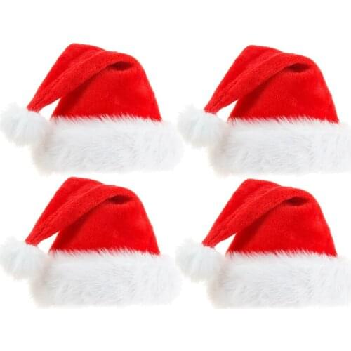 4Pcs Soft Plush Santa Hat Classic Christmas Santa Claus Cap with Double Liner for Most Adults- One Size